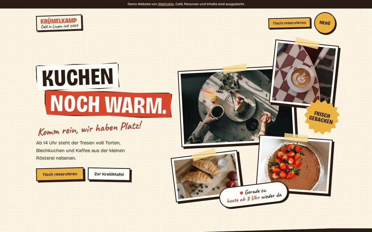 Startseite der Beispiel-Website Café Krümelkamp