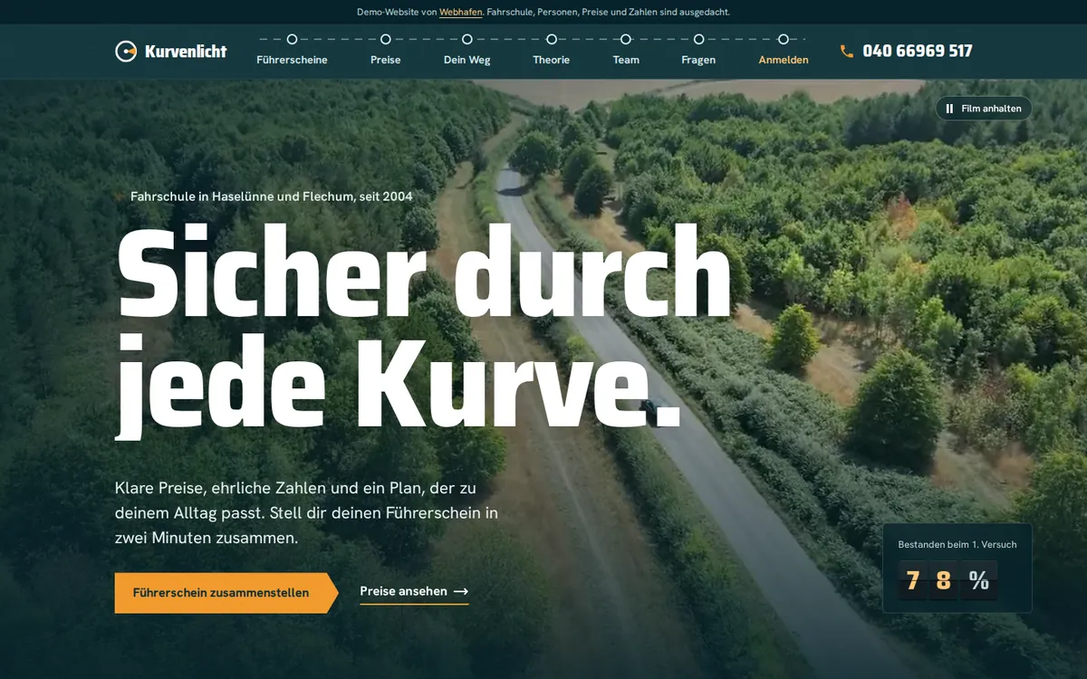 Startseite der Beispiel-Website Fahrschule Kurvenlicht